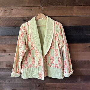 Vintage Quilted Handmade Green & Pink Floral Log Cabin Quilt Open Front Jacket